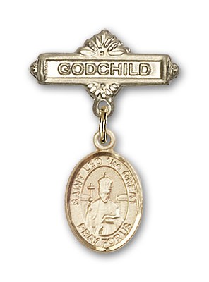 Pin Badge with St. Leo the Great Charm and Godchild Badge Pin - 14K Solid Gold