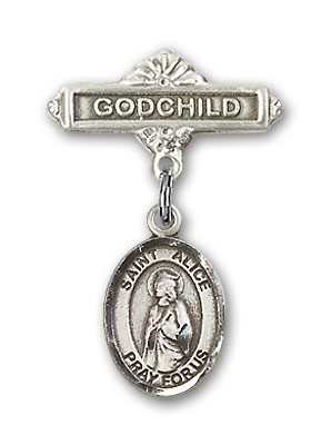 Pin Badge with St. Alice Charm and Godchild Badge Pin - Silver tone