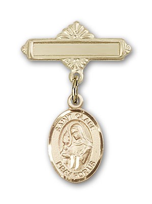 Pin Badge with St. Clare of Assisi Charm and Polished Engravable Badge Pin - 14K Solid Gold