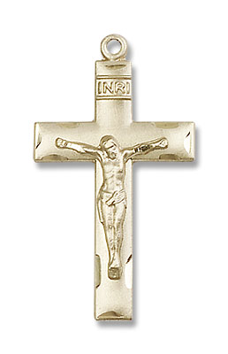 Women's Etched Border Crucifix Medal - 14K Solid Gold