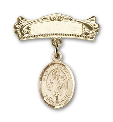 Pin Badge with St. Nicholas Charm and Arched Polished Engravable Badge Pin - 14K Solid Gold