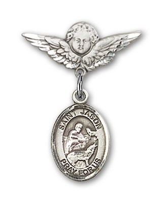 Pin Badge with St. Jason Charm and Angel with Smaller Wings Badge Pin - Silver tone
