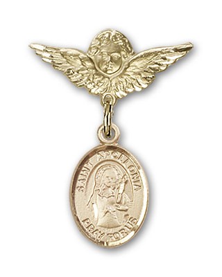Pin Badge with St. Apollonia Charm and Angel with Smaller Wings Badge Pin - Gold Tone