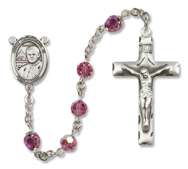 Pope John Paul II Sterling Silver Heirloom Rosary Squared Crucifix - Rose