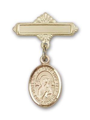 Pin Badge with Our Lady of Perpetual Help Charm and Polished Engravable Badge Pin - 14K Solid Gold