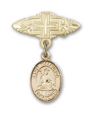 Pin Badge with St. Walburga Charm and Badge Pin with Cross - 14K Solid Gold