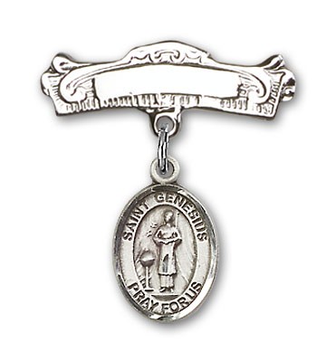 Pin Badge with St. Genesius of Rome Charm and Arched Polished Engravable Badge Pin - Silver tone