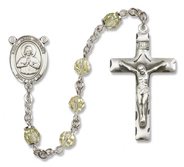 St. John Vianney Sterling Silver Heirloom Rosary Squared Crucifix - Zircon