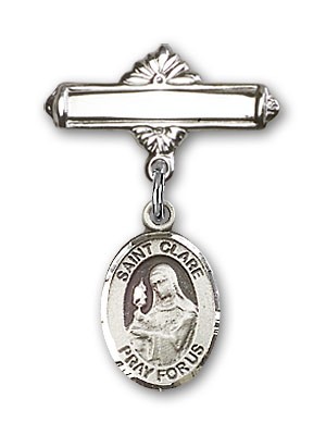 Pin Badge with St. Clare of Assisi Charm and Polished Engravable Badge Pin - Silver tone