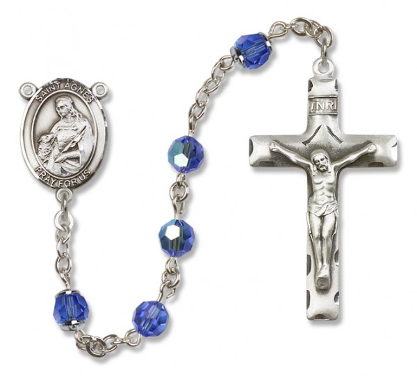St. Agnes of Rome Sterling Silver Heirloom Rosary Squared Crucifix - Sapphire