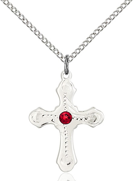 Youth Cross Pendant with Dotted Etching with Birthstone Options - Ruby Red