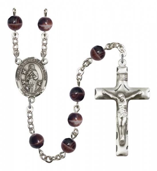 Men's Our Lady of Assumption Silver Plated Rosary - Brown
