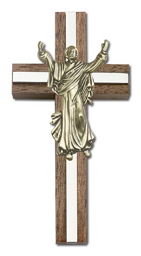 Risen Christ Wall Cross in Walnut and Metal Inlay 4&quot; - Two-Tone Silver