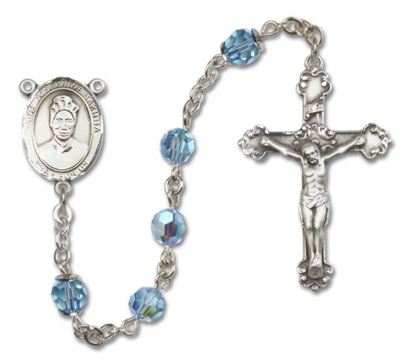 St. Josephine Bakhita Sterling Silver Heirloom Rosary Fancy Crucifix - Aqua