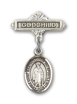 Pin Badge with St. Bartholomew the Apostle Charm and Godchild Badge Pin - Silver tone