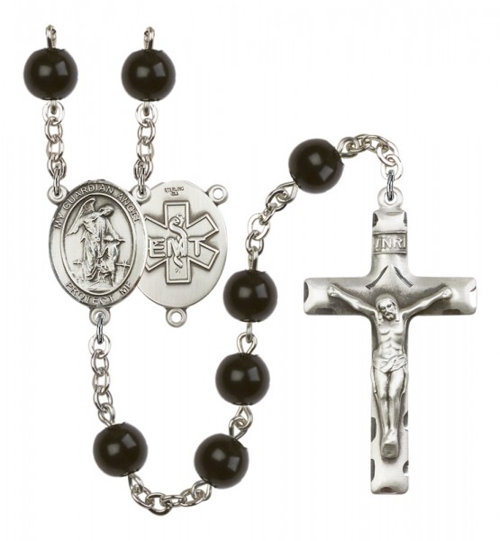 Men's Guardian Angel EMT Silver Plated Rosary - Black