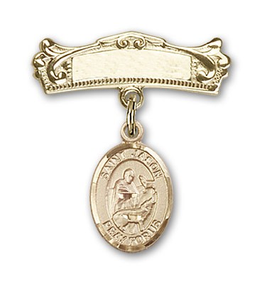 Pin Badge with St. Jason Charm and Arched Polished Engravable Badge Pin - 14K Solid Gold