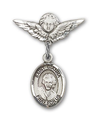 Pin Badge with St. Gianna Beretta Molla Charm and Angel with Smaller Wings Badge Pin - Silver tone