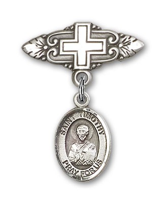 Pin Badge with St. Timothy Charm and Badge Pin with Cross - Silver tone