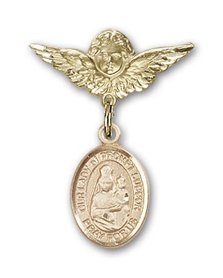 Pin Badge with Our Lady of Prompt Succor Charm and Angel with Smaller Wings Badge Pin - 14K Solid Gold