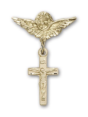 Pin Badge with Crucifix Charm and Angel with Smaller Wings Badge Pin - 14K Solid Gold