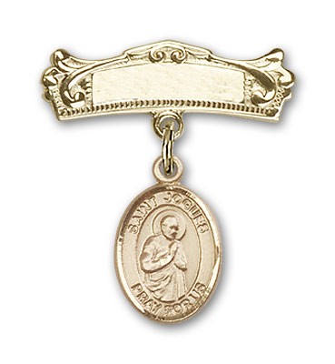 Pin Badge with St. Isaac Jogues Charm and Arched Polished Engravable Badge Pin - Gold Tone