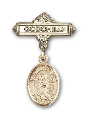 Pin Badge with St. Christina the Astonishing Charm and Godchild Badge Pin - 14K Solid Gold