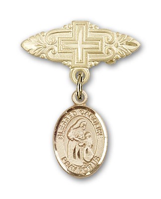 Pin Badge with Blessed Caroline Gerhardinger Charm and Badge Pin with Cross - Gold Tone
