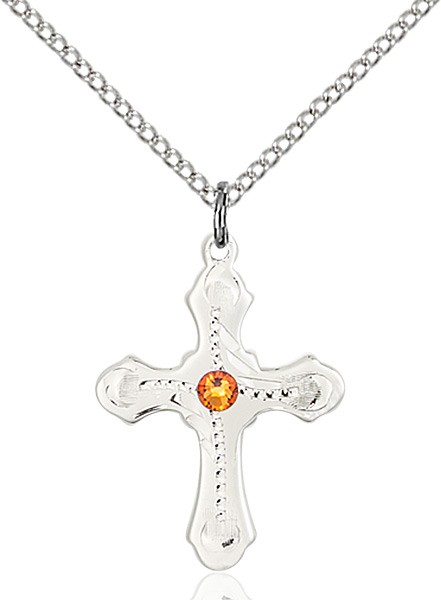 Youth Cross Pendant with Dotted Etching with Birthstone Options - Topaz