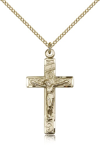 Women's Scroll Design Crucifix Necklace - 14KT Gold Filled