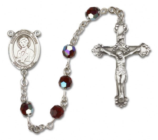 St. Dominic Savio Sterling Silver Heirloom Rosary Fancy Crucifix - Garnet