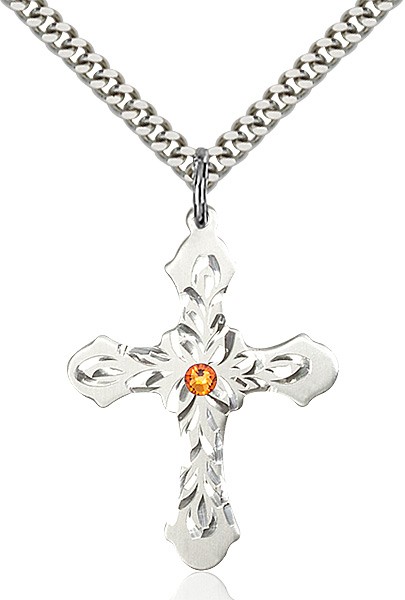 Floral and Petal Cross Pendant with Birthstone Options - Topaz