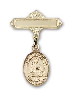 Pin Badge with St. Walburga Charm and Polished Engravable Badge Pin - 14K Solid Gold