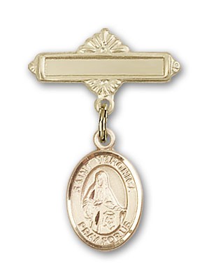 Pin Badge with St. Veronica Charm and Polished Engravable Badge Pin - Gold Tone