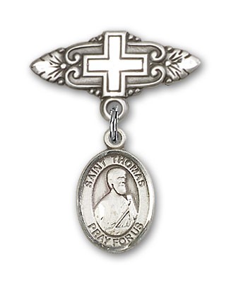 Pin Badge with St. Thomas the Apostle Charm and Badge Pin with Cross - Silver tone
