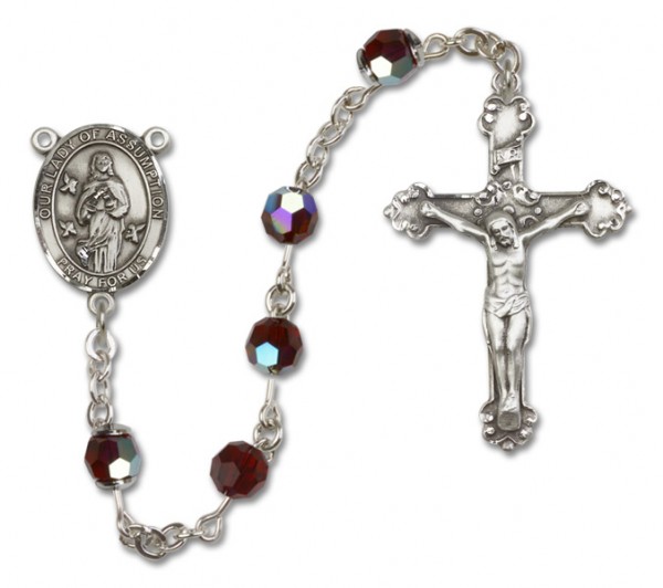 Our Lady of Assumption Sterling Silver Heirloom Rosary Fancy Crucifix - Garnet