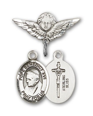 Pin Badge with Pope Benedict XVI Charm and Angel with Smaller Wings Badge Pin - Silver tone
