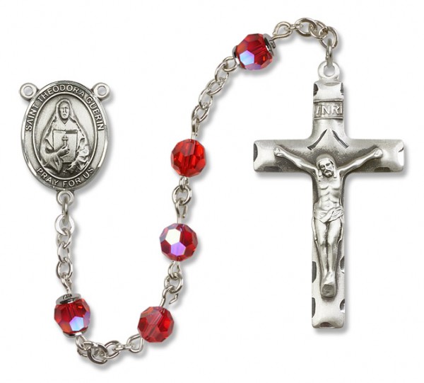 St. Theodora Guerin Sterling Silver Heirloom Rosary Squared Crucifix - Ruby Red