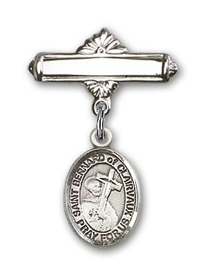 Pin Badge with St. Bernard of Clairvaux Charm and Polished Engravable Badge Pin - Silver tone