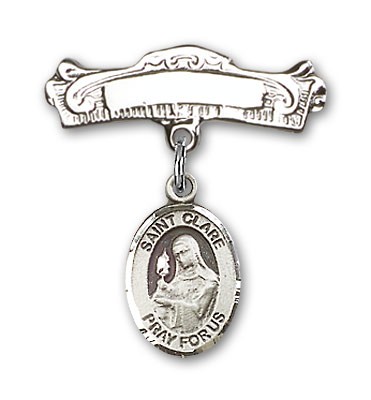 Pin Badge with St. Clare of Assisi Charm and Arched Polished Engravable Badge Pin - Silver tone