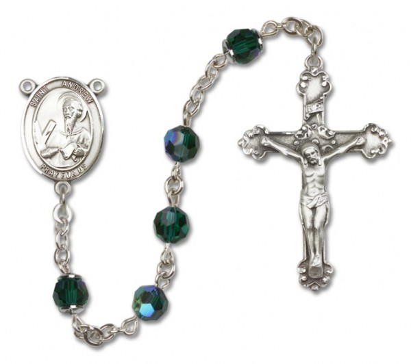 St. Andrew the Apostle Sterling Silver Heirloom Rosary Fancy Crucifix - Emerald Green