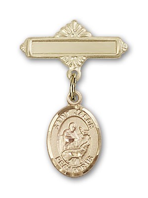 Pin Badge with St. Jason Charm and Polished Engravable Badge Pin - Gold Tone