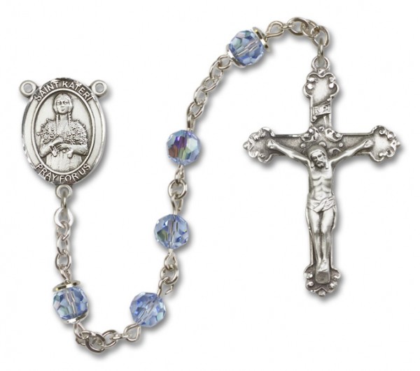 St. Kateri Sterling Silver Heirloom Rosary Fancy Crucifix - Light Sapphire