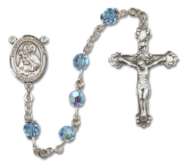 Our Lady of Mount Carmel Sterling Silver Heirloom Rosary Fancy Crucifix - Aqua