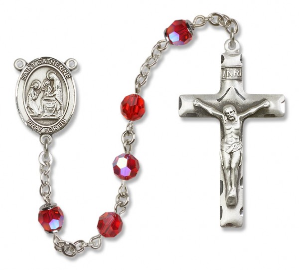 St. Catherine of Siena Sterling Silver Heirloom Rosary Squared Crucifix - Ruby Red