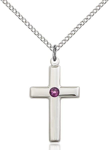 Youth Simple Cross Pendant with Birthstone Options - Amethyst