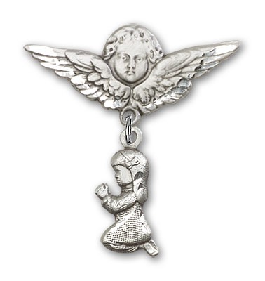 Baby Pin with Praying Girl Charm and Angel with Larger Wings Badge Pin - Silver tone
