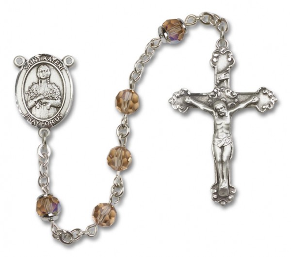 St. Kateri Sterling Silver Heirloom Rosary Fancy Crucifix - Topaz