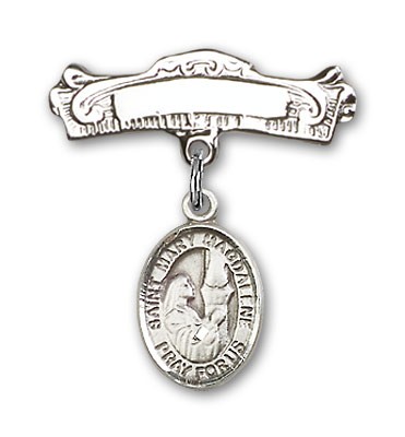 Pin Badge with St. Mary Magdalene Charm and Arched Polished Engravable Badge Pin - Silver tone