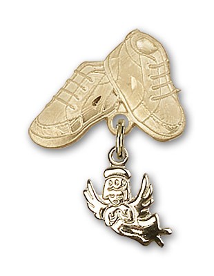 Baby Pin with Guardian Angel Charm and Baby Boots Pin - 14K Solid Gold